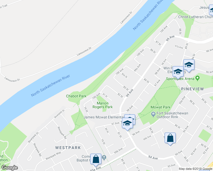 map of restaurants, bars, coffee shops, grocery stores, and more near 12345 82 Street in Fort Saskatchewan