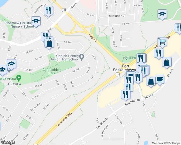 map of restaurants, bars, coffee shops, grocery stores, and more near 9125 A 94 Avenue in Fort Saskatchewan