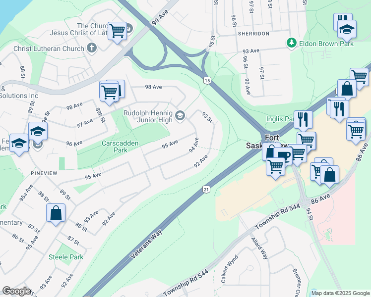 map of restaurants, bars, coffee shops, grocery stores, and more near 9118 94 Avenue in Fort Saskatchewan