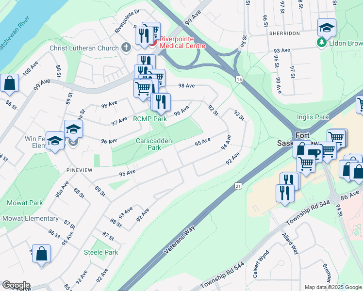 map of restaurants, bars, coffee shops, grocery stores, and more near 9001 95 Avenue in Fort Saskatchewan