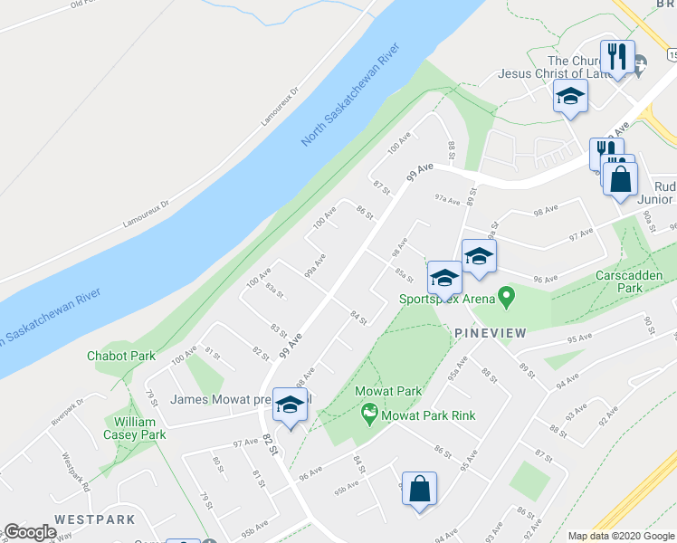 map of restaurants, bars, coffee shops, grocery stores, and more near 8410 99 Avenue in Fort Saskatchewan