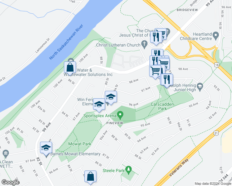 map of restaurants, bars, coffee shops, grocery stores, and more near 9621 89A Street in Fort Saskatchewan