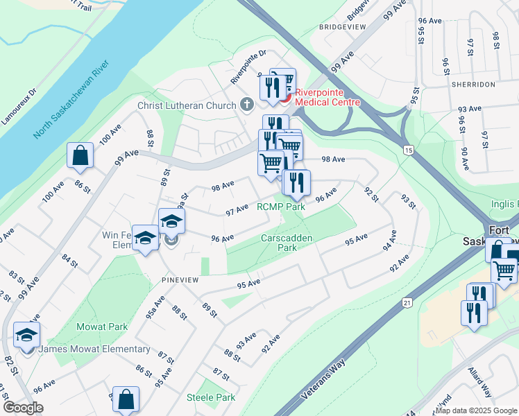 map of restaurants, bars, coffee shops, grocery stores, and more near 9606 89B Street in Fort Saskatchewan