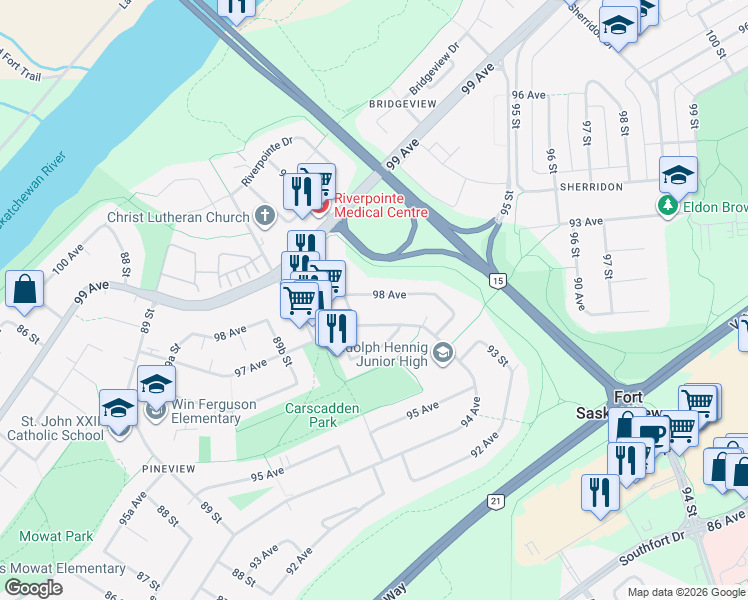 map of restaurants, bars, coffee shops, grocery stores, and more near 9107 98 Avenue in Fort Saskatchewan