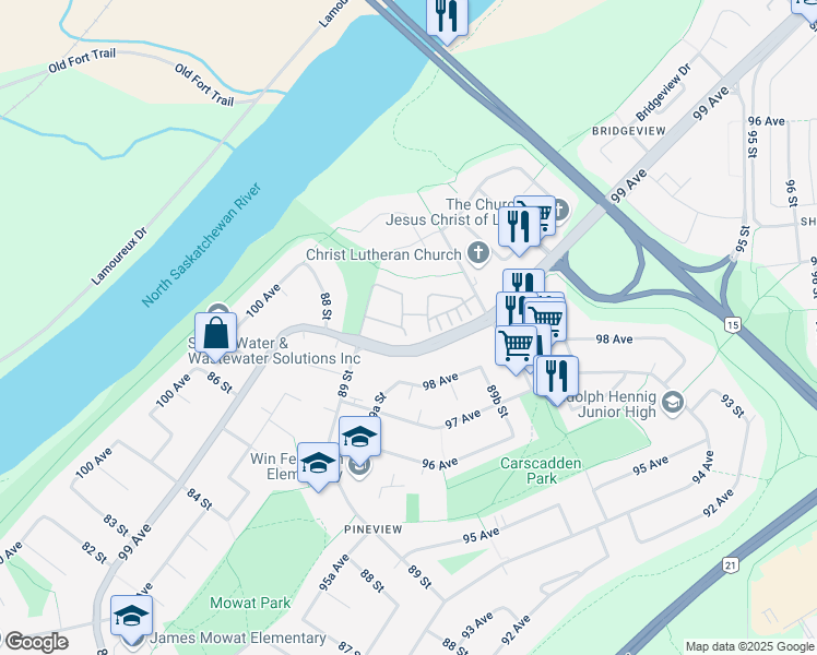map of restaurants, bars, coffee shops, grocery stores, and more near 8930 99 Avenue in Fort Saskatchewan