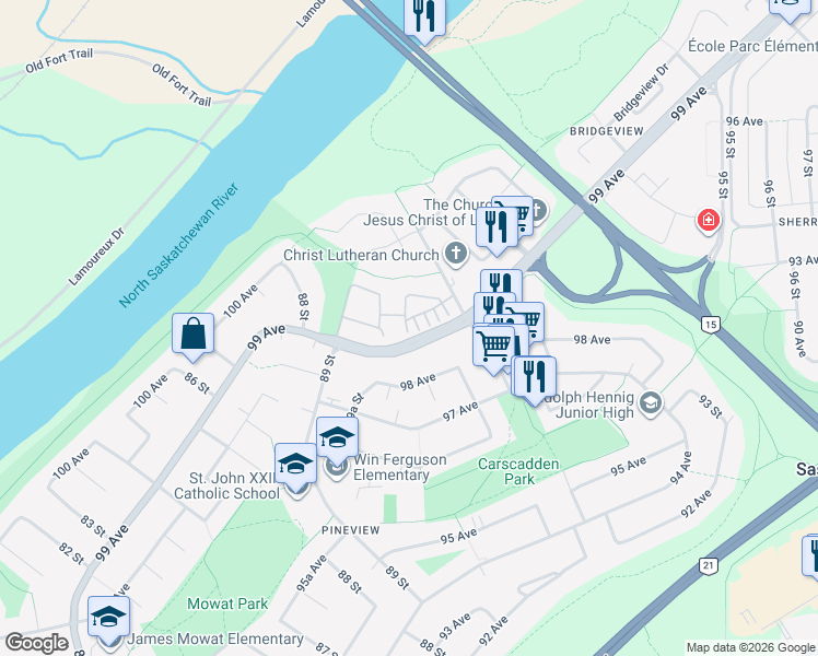 map of restaurants, bars, coffee shops, grocery stores, and more near 8930 99 Avenue in Fort Saskatchewan