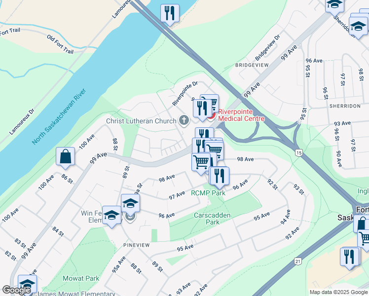 map of restaurants, bars, coffee shops, grocery stores, and more near 8930 99 Avenue in Fort Saskatchewan