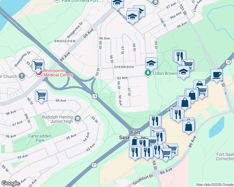 map of restaurants, bars, coffee shops, grocery stores, and more near 9014 96 Street in Fort Saskatchewan