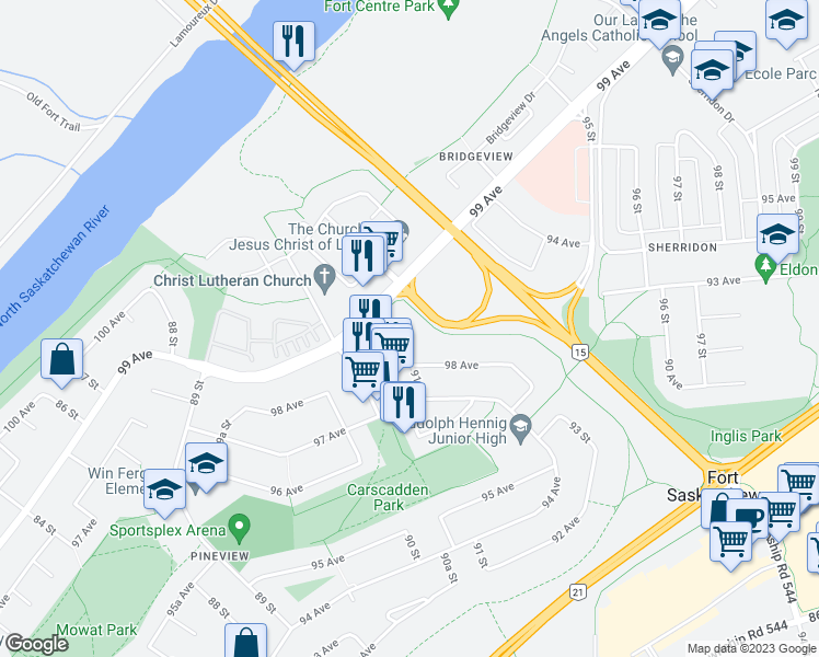 map of restaurants, bars, coffee shops, grocery stores, and more near 9809 91 Street in Fort Saskatchewan