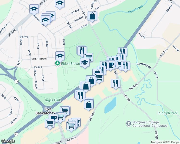 map of restaurants, bars, coffee shops, grocery stores, and more near 9985 93 Avenue in Fort Saskatchewan