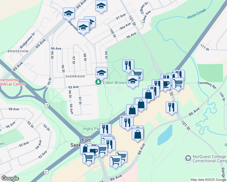 map of restaurants, bars, coffee shops, grocery stores, and more near 9935 93 Avenue in Fort Saskatchewan