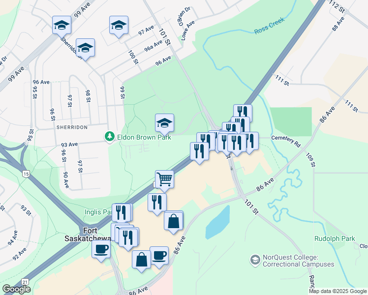 map of restaurants, bars, coffee shops, grocery stores, and more near 9995 93 Avenue in Fort Saskatchewan
