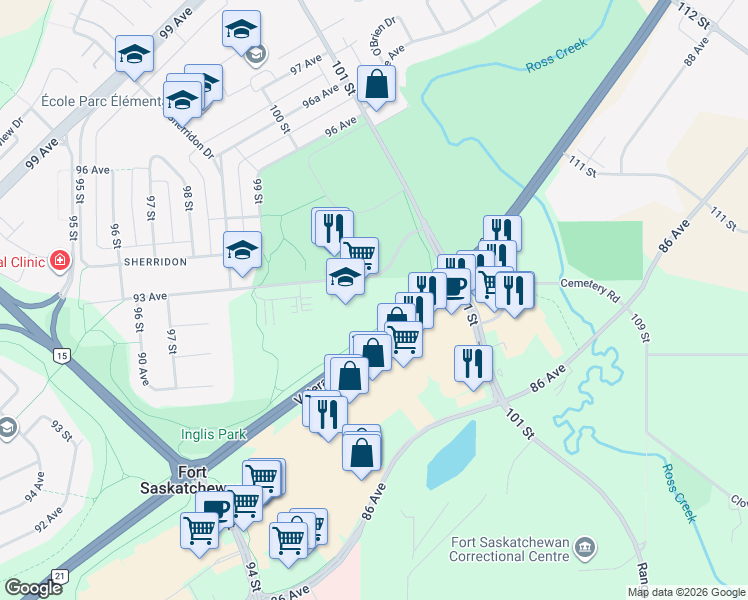 map of restaurants, bars, coffee shops, grocery stores, and more near 9995 93 Avenue in Fort Saskatchewan