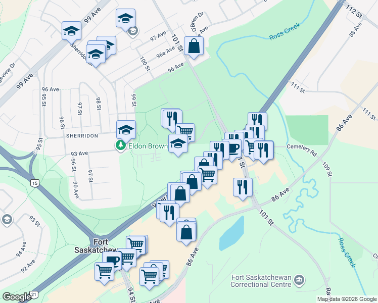 map of restaurants, bars, coffee shops, grocery stores, and more near 9985 93 Avenue in Fort Saskatchewan