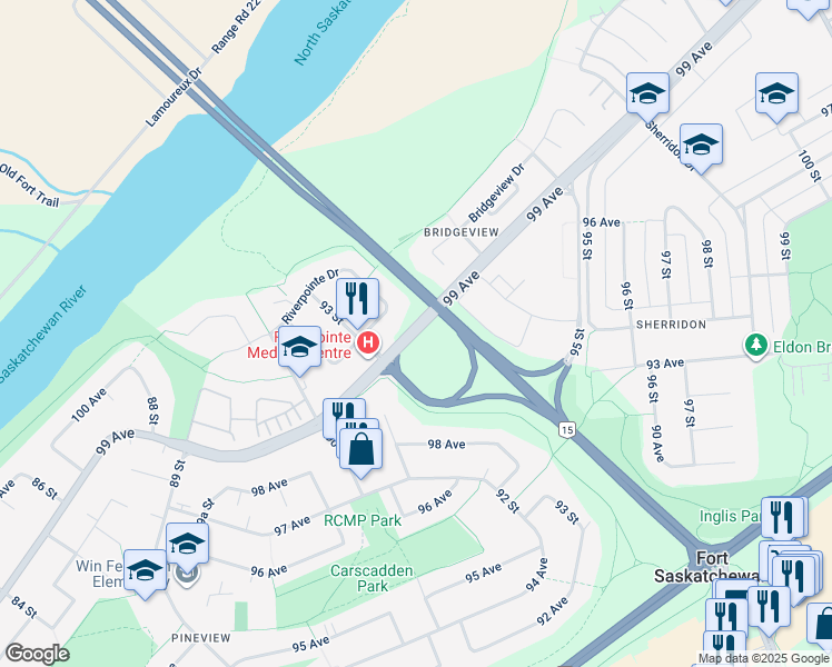 map of restaurants, bars, coffee shops, grocery stores, and more near 9353 99 Avenue in Fort Saskatchewan