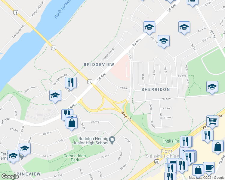 map of restaurants, bars, coffee shops, grocery stores, and more near 9415 94 Avenue in Fort Saskatchewan