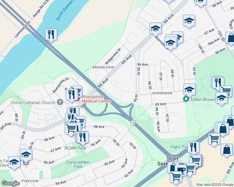 map of restaurants, bars, coffee shops, grocery stores, and more near 9415 94 Avenue in Fort Saskatchewan