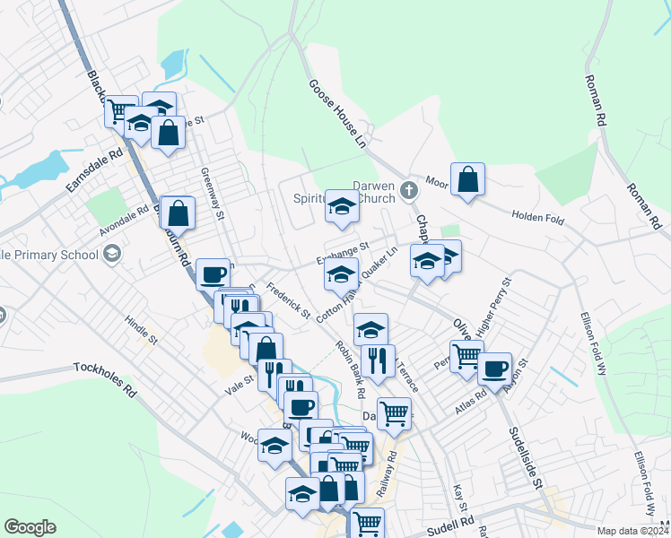 map of restaurants, bars, coffee shops, grocery stores, and more near 3 Stanhope Street in Blackburn with Darwen