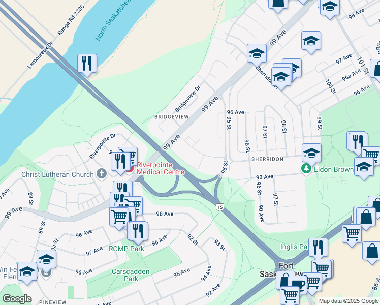map of restaurants, bars, coffee shops, grocery stores, and more near 9415 94 Avenue in Fort Saskatchewan