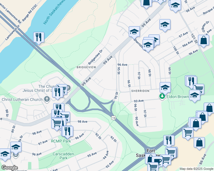map of restaurants, bars, coffee shops, grocery stores, and more near 9422 94 Avenue in Fort Saskatchewan