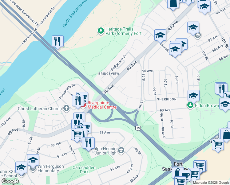 map of restaurants, bars, coffee shops, grocery stores, and more near 9405 94 Avenue in Fort Saskatchewan