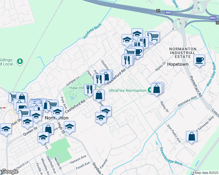 map of restaurants, bars, coffee shops, grocery stores, and more near Nelson Street in West Yorkshire