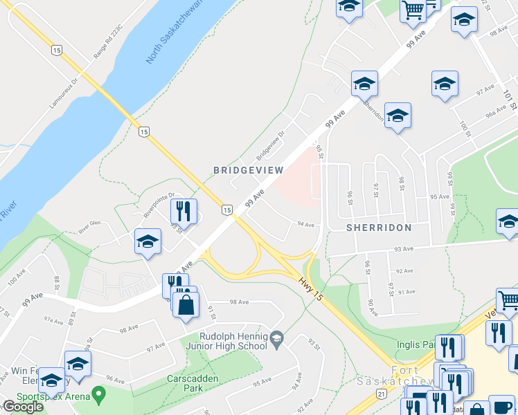 map of restaurants, bars, coffee shops, grocery stores, and more near 18 Bridgeview Drive in Fort Saskatchewan