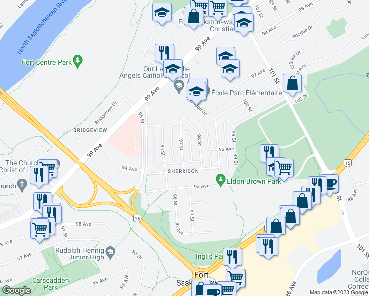 map of restaurants, bars, coffee shops, grocery stores, and more near 9413 97 Street in Fort Saskatchewan