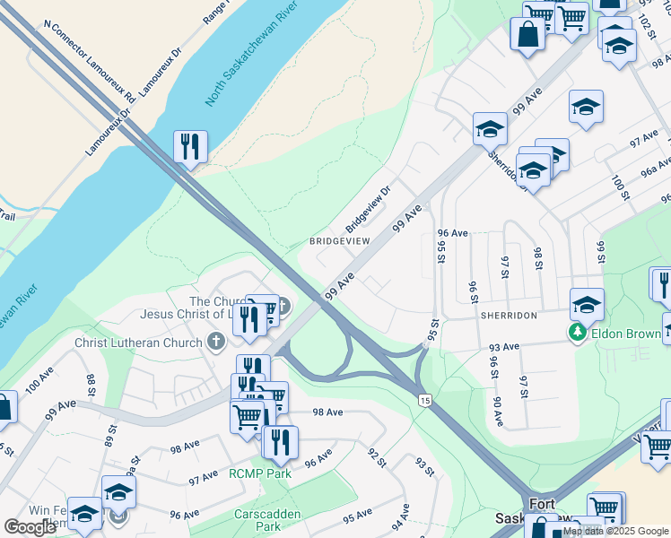 map of restaurants, bars, coffee shops, grocery stores, and more near 18 Bridgeview Drive in Fort Saskatchewan