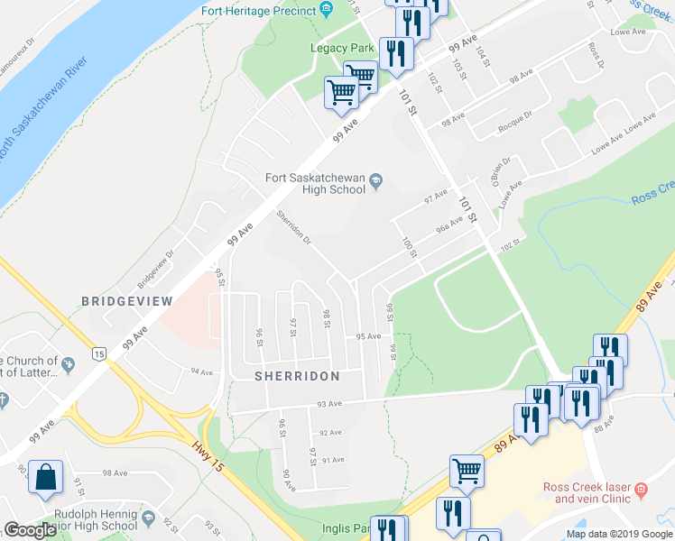 map of restaurants, bars, coffee shops, grocery stores, and more near 9613 Sherridon Drive in Fort Saskatchewan
