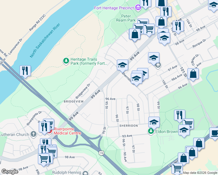 map of restaurants, bars, coffee shops, grocery stores, and more near 9611 95 Street in Fort Saskatchewan