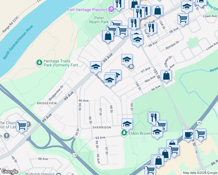 map of restaurants, bars, coffee shops, grocery stores, and more near Sherridon Drive in Fort Saskatchewan
