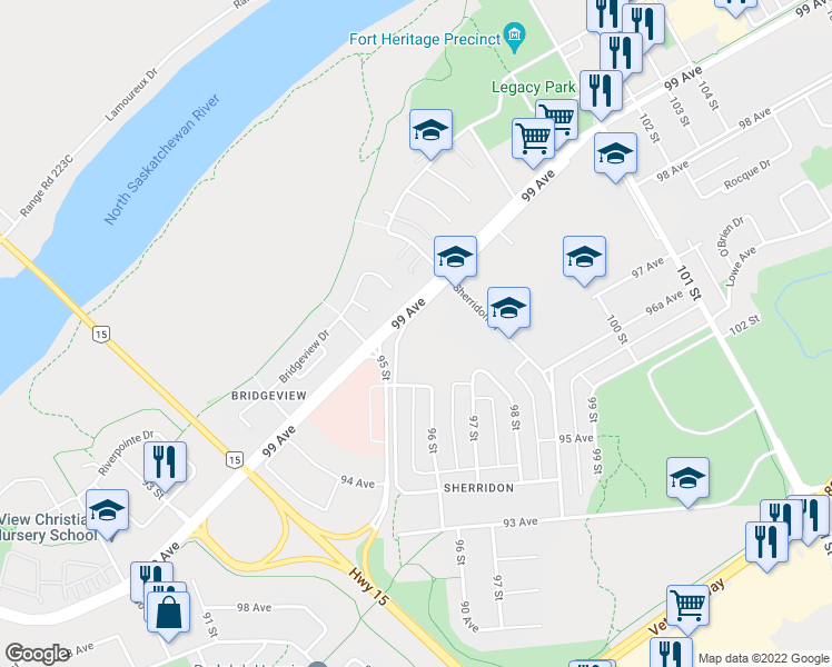 map of restaurants, bars, coffee shops, grocery stores, and more near 9503 A 99 Avenue in Fort Saskatchewan