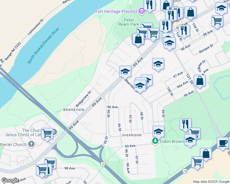 map of restaurants, bars, coffee shops, grocery stores, and more near 9505 A 99 Avenue in Fort Saskatchewan