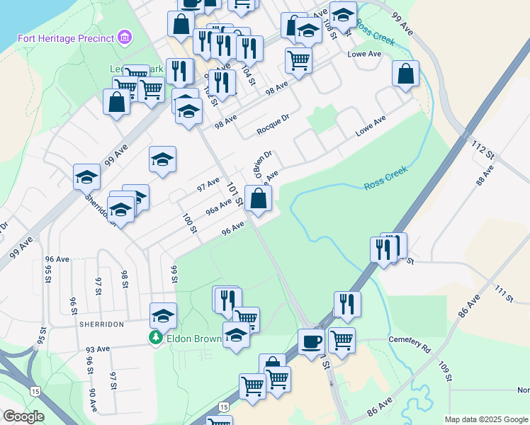 map of restaurants, bars, coffee shops, grocery stores, and more near 10107 96 Avenue in Fort Saskatchewan