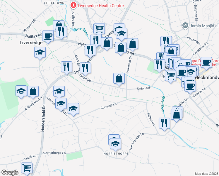 map of restaurants, bars, coffee shops, grocery stores, and more near in Liversedge