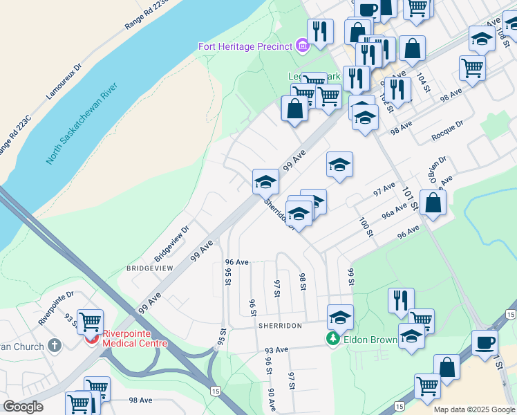 map of restaurants, bars, coffee shops, grocery stores, and more near 9535 99 Avenue in Fort Saskatchewan