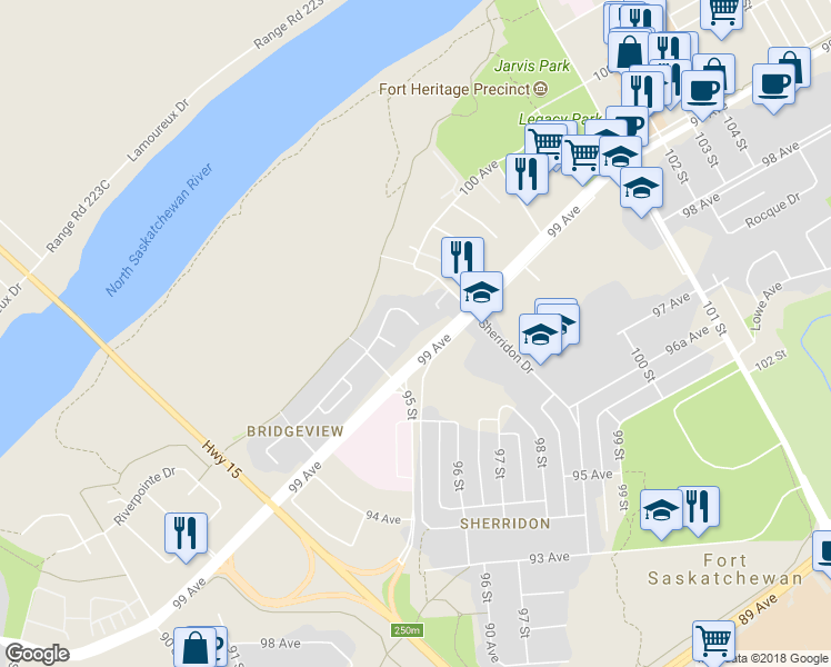 map of restaurants, bars, coffee shops, grocery stores, and more near 230 Bridgeview Drive in Fort Saskatchewan