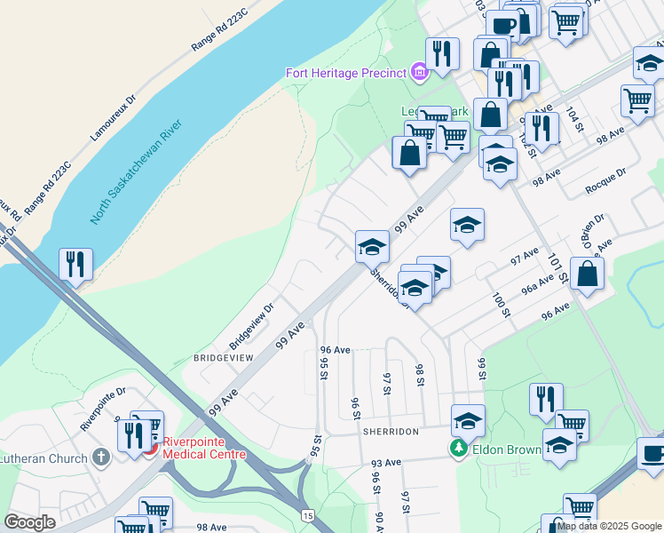 map of restaurants, bars, coffee shops, grocery stores, and more near 230 Bridgeview Drive in Fort Saskatchewan