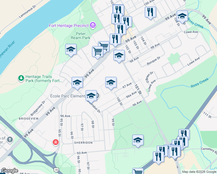 map of restaurants, bars, coffee shops, grocery stores, and more near 10002 97 Avenue in Fort Saskatchewan