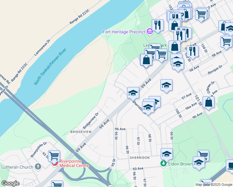 map of restaurants, bars, coffee shops, grocery stores, and more near 9914 Sherridon Drive in Fort Saskatchewan