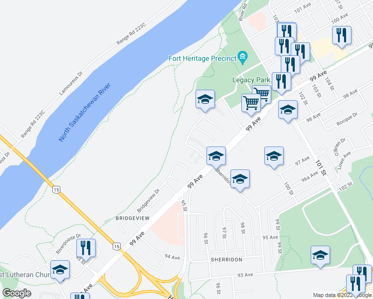 map of restaurants, bars, coffee shops, grocery stores, and more near 9912 A Sherridon Drive in Fort Saskatchewan