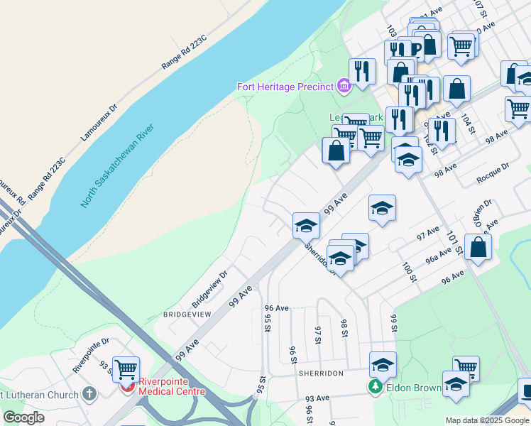 map of restaurants, bars, coffee shops, grocery stores, and more near 9912 A Sherridon Drive in Fort Saskatchewan