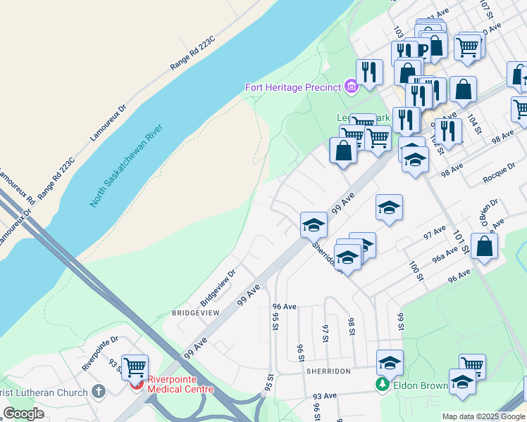 map of restaurants, bars, coffee shops, grocery stores, and more near 9940 Sherridon Drive in Fort Saskatchewan
