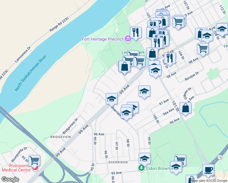 map of restaurants, bars, coffee shops, grocery stores, and more near 9940 99 Avenue in Fort Saskatchewan