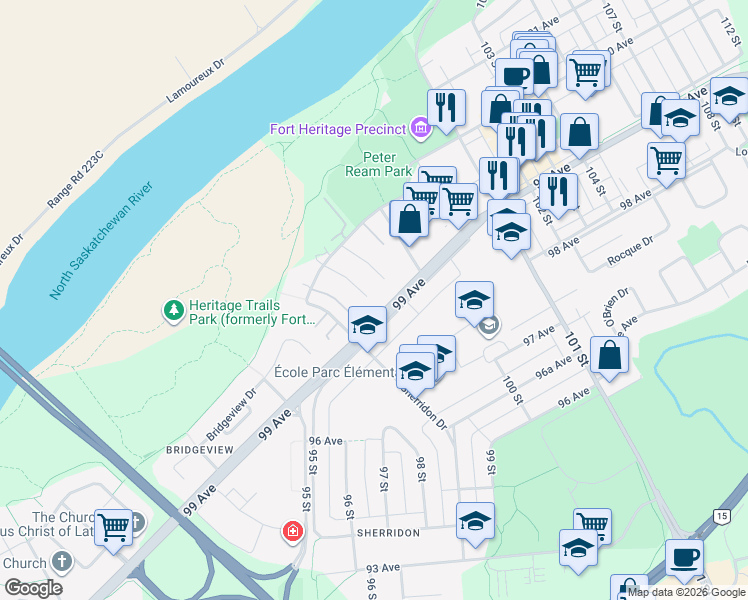 map of restaurants, bars, coffee shops, grocery stores, and more near 9940 99 Avenue in Fort Saskatchewan