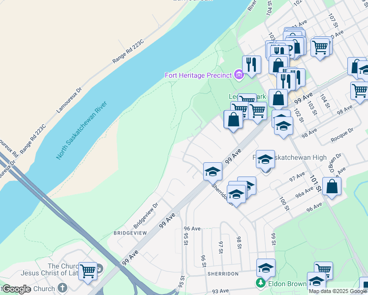 map of restaurants, bars, coffee shops, grocery stores, and more near 9920 100 Avenue in Fort Saskatchewan