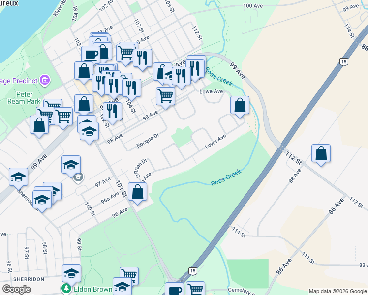map of restaurants, bars, coffee shops, grocery stores, and more near 12 Langley Drive in Fort Saskatchewan