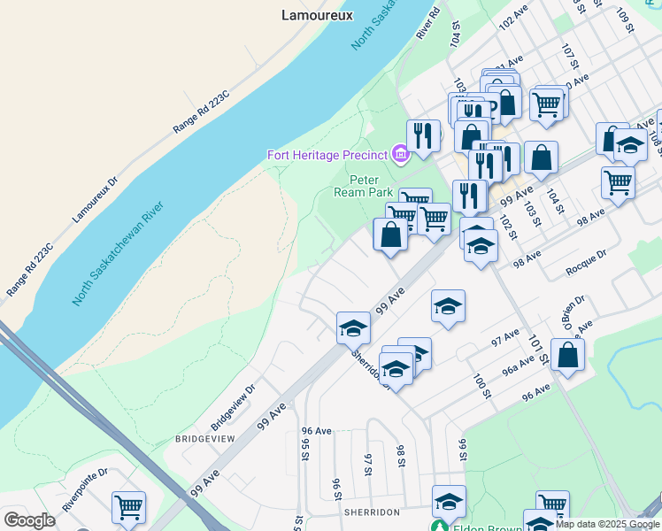 map of restaurants, bars, coffee shops, grocery stores, and more near 1 Century Villas Court in Fort Saskatchewan