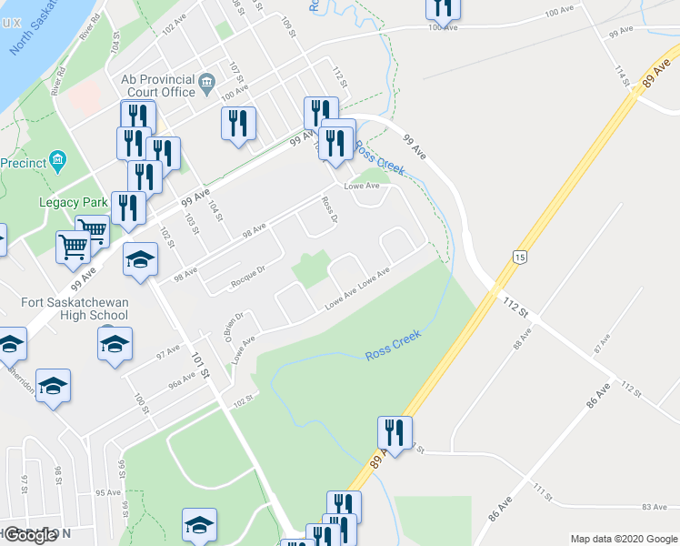 map of restaurants, bars, coffee shops, grocery stores, and more near 4 Jubilee Drive in Fort Saskatchewan